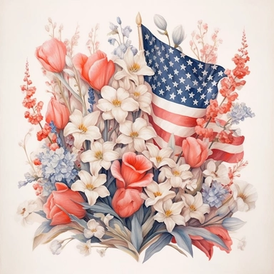 American flag with spring flowers. USA independence day. 4th of July, The illustration should be in the style of dreamy watercolor florals, inspired by the works of artists like Vytautas Kairiukstis, Villagecore, Kathrin Longhurst, and Christian Schloe. The color palette should predominantly feature white and pink, with a touch of flower power. The aspect ratio of the illustration should be 3:2. Be sure to include vintage truck clipart in your design, and dont forget white background, NO BACKGRO