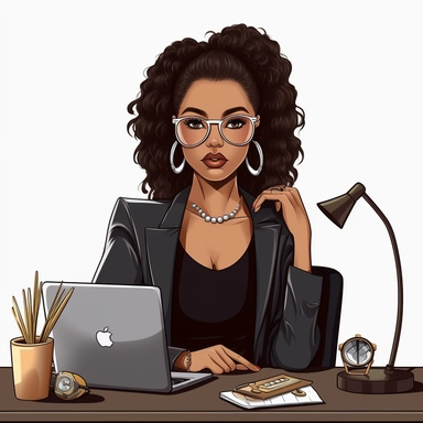 fashion black girl boss working on a clean desk, she look very professional and beautiful, ar 4:7 clipart 1000px