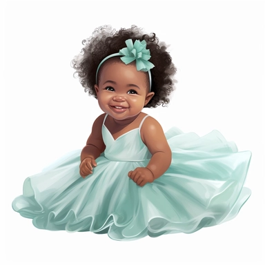 newborn black infant baby girl in a big teal and green tutu dress, sideview, smiling, soft illustration, clipart