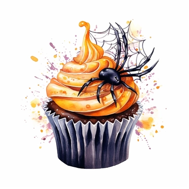 delicious black halloween cupcake with orange swirly icing and a bat, spider, spooky, watercolour illustration clipart, extremely detailed, 4k, high quality, isolated on white background watercolour