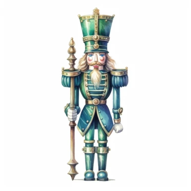 Christmas Nutcracker, Green and Blue, colors in watercolor pencil drawing style, on a white background, clipart, high details, hdr, hyperrealism