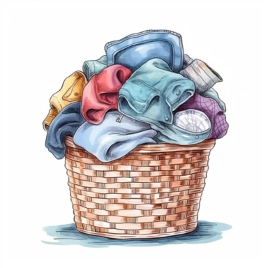 Clothes laundry basket illustration clipart, high detailed, white background, digital art, hd, watercolor