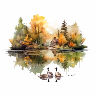 watercolor, hyper realistic, white background, white margins, 16k, ultra detailed clipart, cut out image, hand-drawn a small lake reflecting the vibrant foliage of surrounding trees, with ducks swimming peacefully in the calm water. earthy color, in the style of pencilsteampunk, delicate watercolor, creative commons attribution, miniaturecore, grocery art, white and amber, website