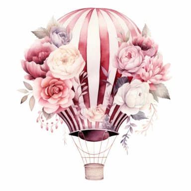 Stunning watercolor hot air balloon with flower clipart, white background