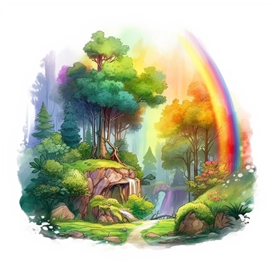 a watercolor of a legendary forrest scenery with rainbow, realistic fantasy Style, vector free clipart illustration, in the style of unreal engine 5, 32k uhd, detailed features, white background