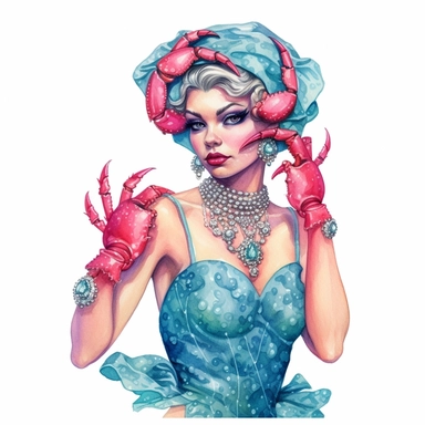 Hand drawn pin up dressed like cancer the crab, shades of blue green pink and red, glamorous, half body, very detailed and realistic, watercolor, white background with margins, clipart style