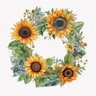 water color sunflower, circle wreath, clipart, flower and leaves, beautiful, detailed, wedding invites, white background