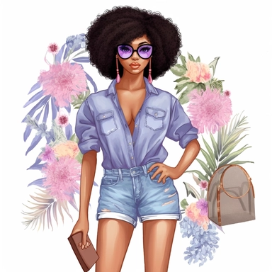 Summer Fashion Girl Clipart, Black Girl Clipart, Black Woman Clipart, Fashion Planner Clipart, African American Beach Fashion Clipart, denim jeans and lavendar blouse, pixie cut hair