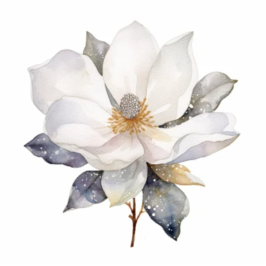 clipart magnolia, watercolor, white background, silver sequins