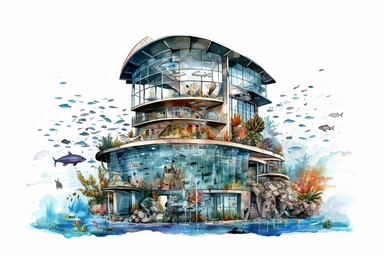 Watercolor, Aquarium building, clipart, hd, on a white background, spaced out