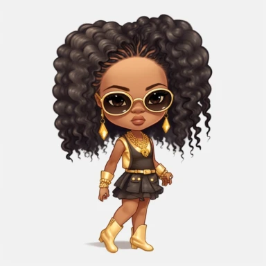 African- American girl, wearing gucci dresses, LV shoe, wearing gold knuckles, gold rings, gold watche, sunglasses, Long and Curly, clipart, Short Locs + High Fade, in white background, as a Inspired Chibi and Kawaii Style