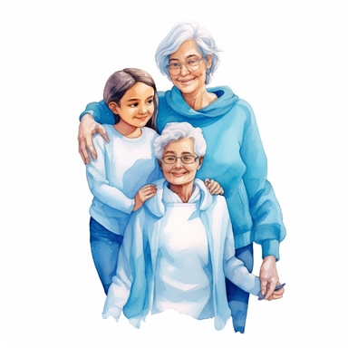 watercolor, Lovely fun smiling happy caucasian elder parent mom with young adult daughter two women together wearing casual clothes hugging cuddle kiss isolated on plain blue cyan background. Family day concept png Full body realistic cartoon in 32K UHD cute. 15 cm thick outline. Black color. There was no shadow on the ground. 8k with realistic watercolors and detailed illustrations. PNG clipart, transparent white background