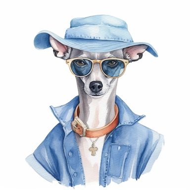 An adorable watercolor clipart of a Doggy Diva wearing a fashionable outfit, blue Italian Greyhound