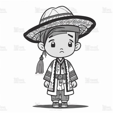 a boy, simple, traditional costume, local food, animal, educational, history, and cultural diversity, clipart style, cute, picture book style, captivating, kid friendly cute character, black and white, coloring book, not color style, cartoon style, vector image, simple, line art style, character, white background