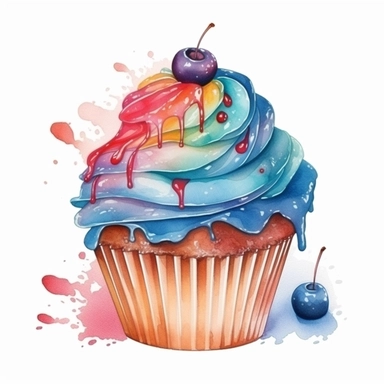 Watercolour of a cupcake, Clipart,Cartoon,hyper realistic, intricate detail isolated on a white background, high quality, sublimation, detailed, cartoon style