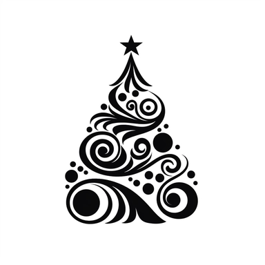 black and white silhouette of a christmas tree, clipart style, white background, thick lines, vector, simple design, flat colour, solid colour, christmascore