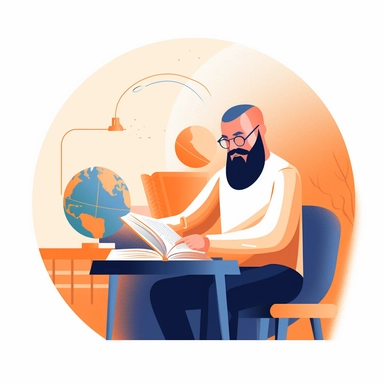 vector design, teacher sitting at the table in the classroom, On table books and a globe, flat modern illustration, clipart, white background, soft gradient transition, in the style of warm color palette, natural pastel colors, in turquoise and indigo and orange colors, object portraiture specialist, uniformly staged images, animated illustrations