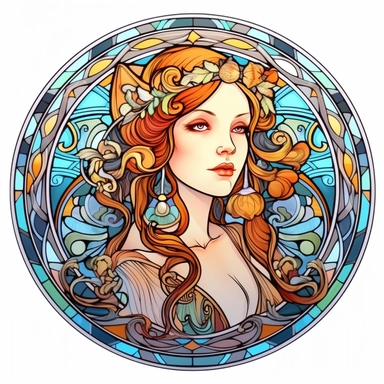 Vintage Cute Beautiful Round Stained Glass girl Sublimation Clipart, Cartoon, hyper realistic, intricate detail, illustration style, high solution, on the white background