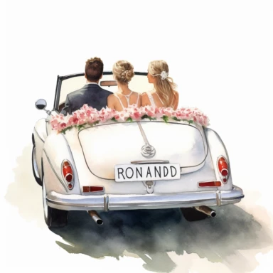 watercolor photorealism of a bride and groom back sitting back of a convertible car with a just married sign clipart,hd,space out,--3:2--,--s,1000,--v 5
