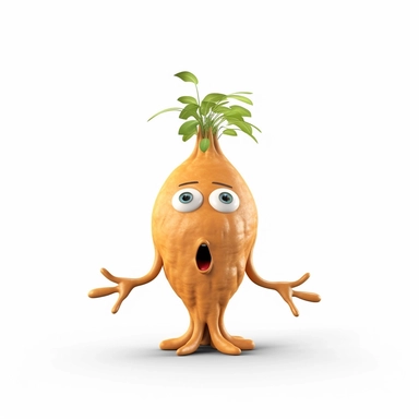 Prompt: front view of an animated ginger root vegetable, eyes, lips, mouth, ears, two arms, two hands, two short legs, two feet, body of a ginger root, face of a ginger root, full body, clipart, full Illustration, 4k, style fairy tales. Octane rendering, 3d. Negative Prompt: human, animal, girl, boy, deformed body, extra hands, 2 heads, 2 faces, gross, disgusting, extra body parts.