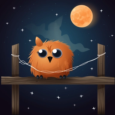cute stuffed animal with a pumpkin head hanging on a wooden stick, fence and night sky background, kids style, halloween, 2D, vector, good quality, Pixar children's book illustration, vector, cartoon character, hand drawn, clipart