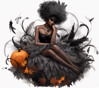 person, black person halloween, halloween transparent background png clip art, in the style of japanese prints, made of feathers, daz3d, tangled nests, occultist draftsman, dark tonality, cartoon mis-en-scene