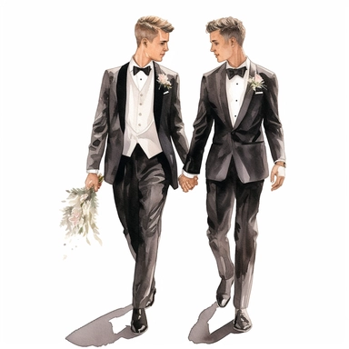 watercolor, hyper realistic, white background, white margins, 16k, ultra detailed clipart, cut out image, hand-drawn celebration of love and commitment between two individuals of the same gender, wearing wedding attire, black vest, two groom