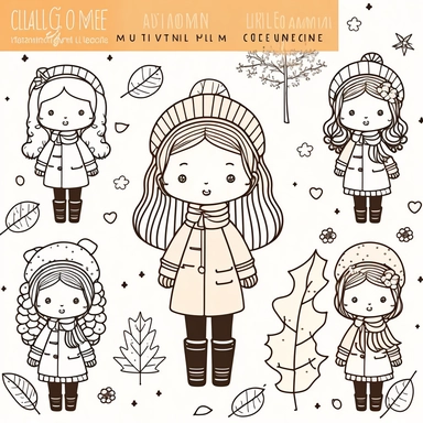 Winter Girl Digital Stamps, Autumn Girls Clipart, Fall Girls Clipart, Winter Girls Clipart, Kawaii Girl Clipart, Kawaii Girl Illustrations Basic simple cute cartoon outline, isolated on white background, children's coloring page, thick crisp lines, black and white, outline art, coloring book
