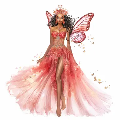 glitter hand illustrated barbie inspirred brown skin fairy floral accents bright red and sparkly sequins accented gown semi transparent flowy dress pretty wings hyper realistic watercolor smiling lips big eyes pretty fairy no background clipart style full body jewels gemstones sparkly diva with crown intricate details