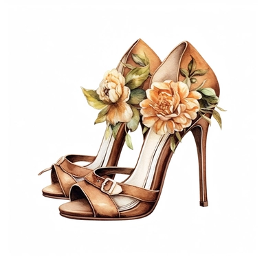 watercolor, hyper realistic, white background, white margins, 16k, ultra detailed clipart, cut out image, hand-drawn,, ultra HD, sharp and clean art a vintage pair of high heels adorned with delicate floral , capturing the romantic and feminine aesthetics often associated with vintage fashion and travel. earthy brown pastel