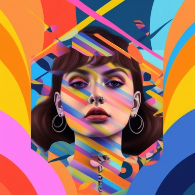 an album cover with colorful patterns and a girl in the style of clipart