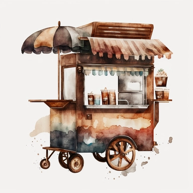 watercolour American style brown wooden coffee cart,beautifully deatailed American style coffee cart,png image,high resolution,300 dpi,graphic clipart,computer graphics
