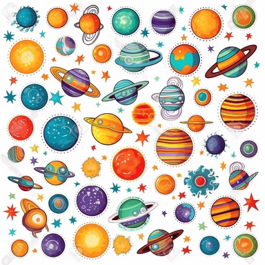 clip art designs of outer space, planets, aliens, stars, moons, suns, white background