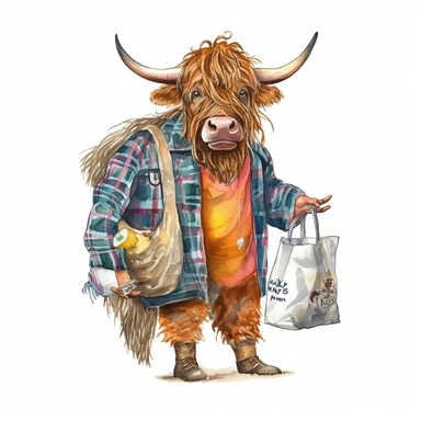 hand drawn highland cow wearing clothes and holding a bag of groceries , very detailed and realistic, watercolor, white background with margins, clipart style