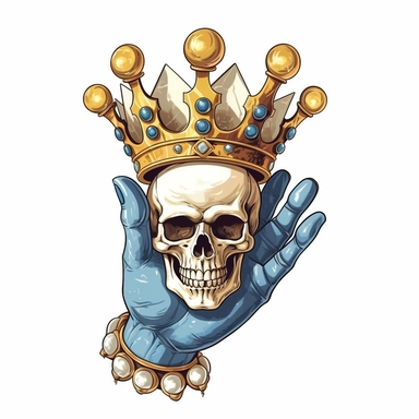 a cartoon clip art skeleton hand holding a gold kings crown inside the palm of his hand