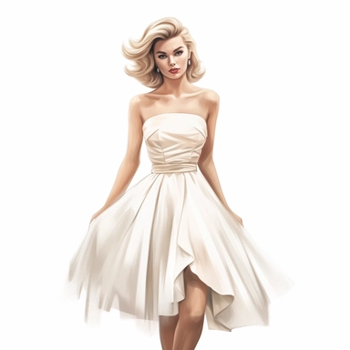 full body. beautiful pretty woman, makeup and hair vintage 50's style, white short dress, paint art style, detail, clipart, white background, superrealistic, one of a kind