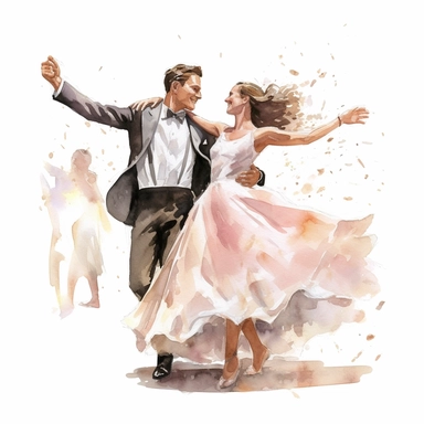 watercolor, hyper realistic, white background, white margins, 16k, ultra detailed clipart, cut out image, hand-drawn, whimsical a groom and bride doing a whimsical and choreographed dance routine, adding a touch of creativity and entertainment to their celebration. ultra HD, sharp and clean art
