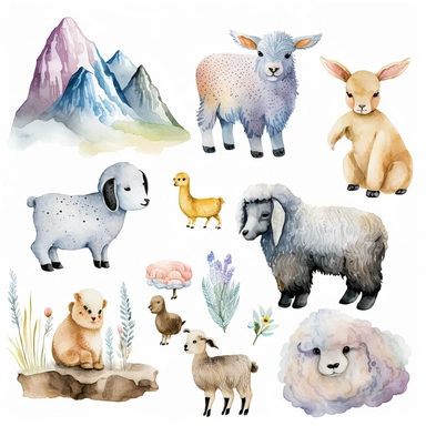 one watercolor baby animal nursery clipart, mountain, pastel colors, white background