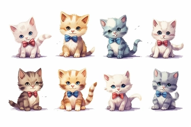 9 sets of a cute baby kitten Munchkin, smile,round face,round head,Wearing a flower bow tie,different poses,different breeds, clipart, isolated on white background, spaced out,