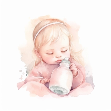 cute watercolor newborn soft beige baby sleeping and holding baby bottle, watercolor effect, isolated white background, babyshower clipart, soft pink tones