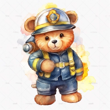 watercolor clipart white background moving living standing blue cartoon firefighter bear birthday in toy firefighter
