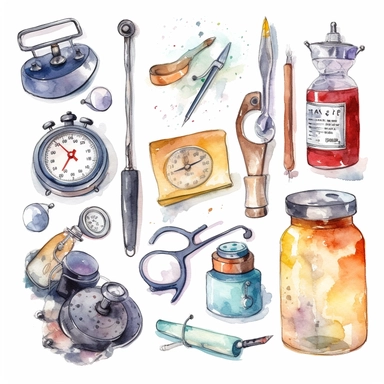 watercolor doctor related scenes , illustrations clipart set, simple, , cartoon elements ,different variants , glucometer, insulin syringe, nurse, doctor, stethtescope, mechanical body weighing scale, tweezers, microscope, ambulance, , separate elements with a margin