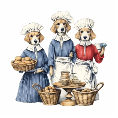 vintage cute dogs baking, wearing clothes, in the style of edward gorey, clipart, white background