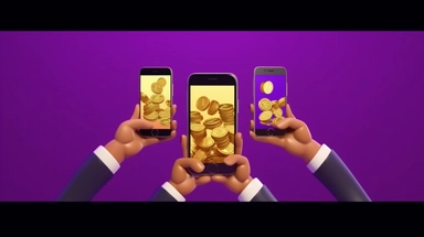 3d illustration. Cartoon characters businessmen hands with golden coin, sticking out the smart phone screens. Internet commerce clip art isolated on violet background. Financial transaction concept, UHD, 8K,