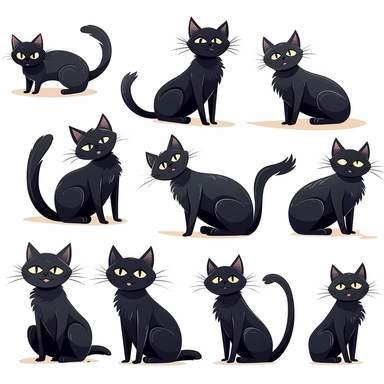 Black cat clip art. Cute black cats in different poses. Illustrated clip art style.