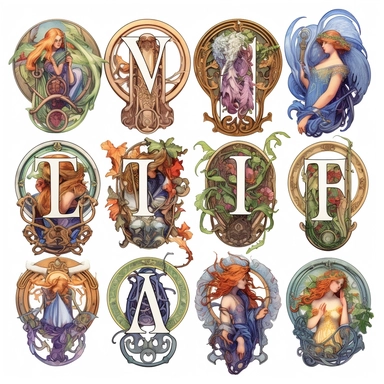 Art Nouveau illuminated initials Clipart Bundle Full English Alphabet Mystical Illustration Fantasy Novel Clipart Magic PNG File Download