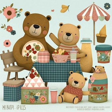 whimsical bear family picnic clipart