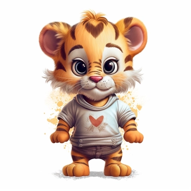 anthro baby tiger wearing a tee-shirt, adorable, clipart illustration, oil paint, center composition