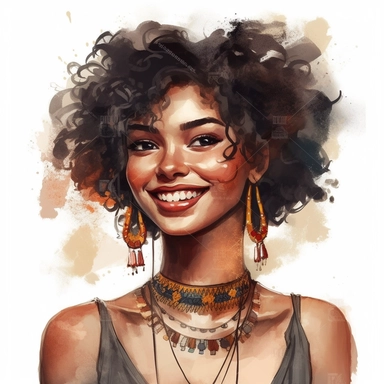 Glamorous and romantic beautiful dark-skinned girl with short curly black hair isolated on the white background, wearing beautiful boho jewelry, detailed, very realistic, translucent, delicate, smiling, laughing, happy, delicate colors, golden hour, fashion photography, watercolor clipart - - ar 3: 2 - - no watermarks, no text