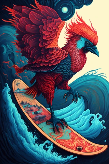a painting of a standing cartoon Scarlet-Maccaw riding kanagawa wave on a longboard surfboard, behance contest winner, psychedelic art, paisley, beautiful waves in sea, james jean and clyde caldwell, clipart, hi - fructose art magazine, katherine lam, artgram, marc newsom, sovietwave,